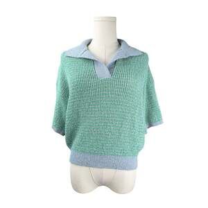 Miou Muse Green and Blue Striped Short Sleeve Knit Polo Sweater Sz. M